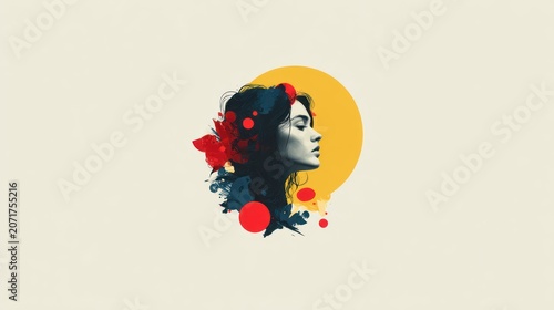 Stylized profile portrait of a female figure framed by abstract circular shapes
