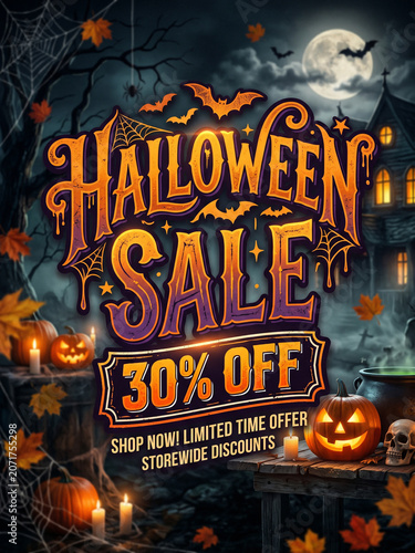 Halloween Sale 30% Off Banner with Pumpkins, Spooky Night Background, Discount Promotion Template