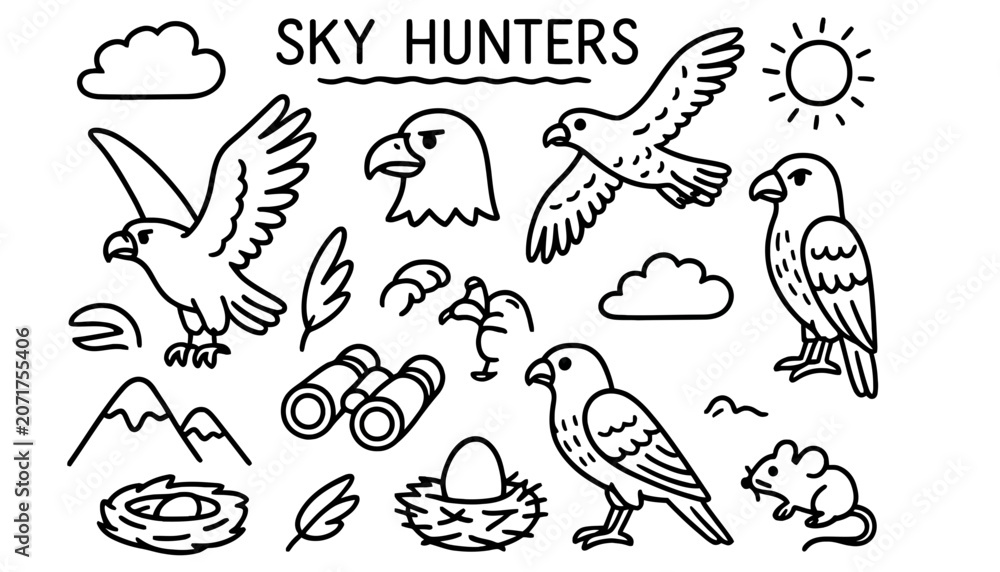 Fototapeta premium Sky hunters bird and predator wildlife doodle set