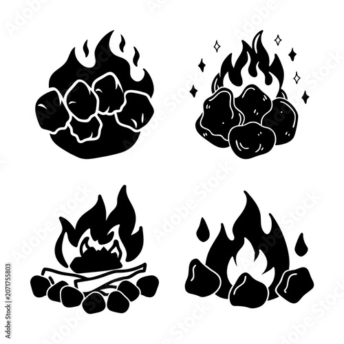 Four stylish campfire icons with flames - Minimalist black and white vector icons of four campfires burning with dynamic flames, perfect for nature, camping, or adventure themes.