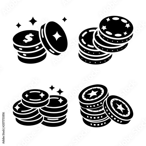 Stacked coins and money icons in black and white - Minimalist vector icons showing stacks of coins and money in black and white, perfect for financial or business themes.
