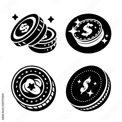 Black and white circular money and gift icons - Four stylish black and white circular icons featuring money, gift, and dollar signs in a clean, modern design perfect for web and print use.