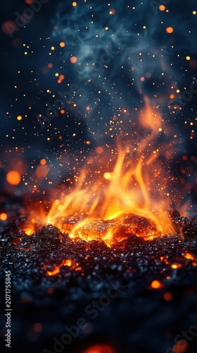 Vibrant Orange Flames And Glowing Embers Rising In Dark Atmosphere With Bokeh Sparkles