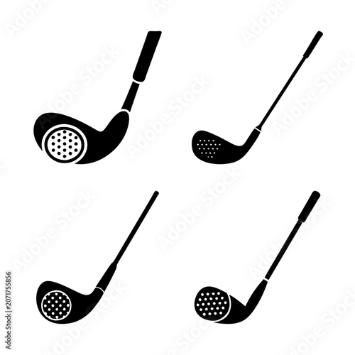 Four black golf club icons in a row - Minimalist set of black golf clubs arranged horizontally, ideal for sports or golf-related vector graphics and icons.