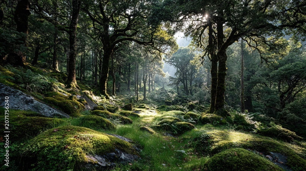 Fototapeta premium Serene Forest Scene with Sunlight Filtering Through Trees.