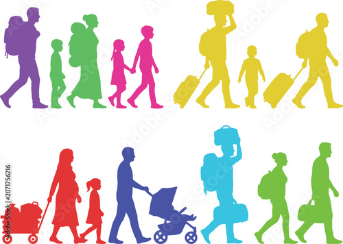 Vászonkép Colorful refugee family silhouettes walking with luggage, migrant people group v