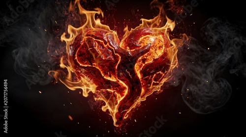 A fiery heart blazing with intense flames and smoke, symbolizing passion, love, and burning emotions in a dramatic and powerful visual.