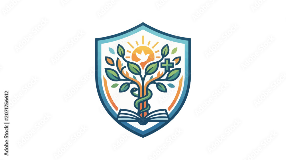Fototapeta premium Christian education shield logo with tree of life and open book.