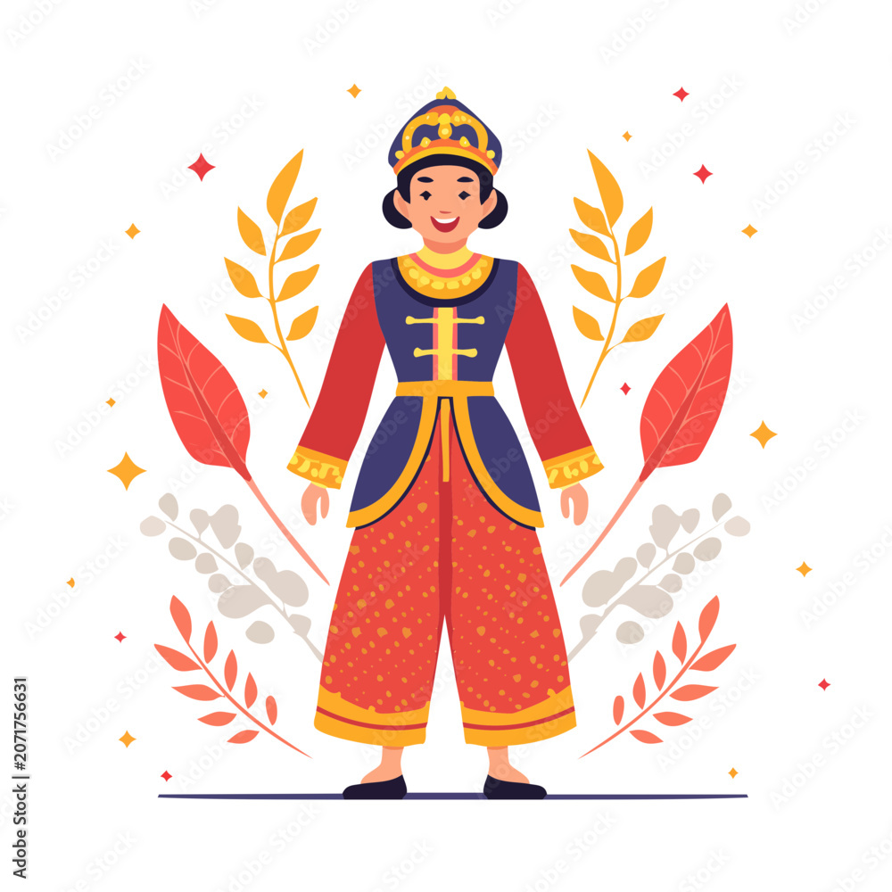 Obraz premium Woman in Traditional Asian Costume with Floral Frame