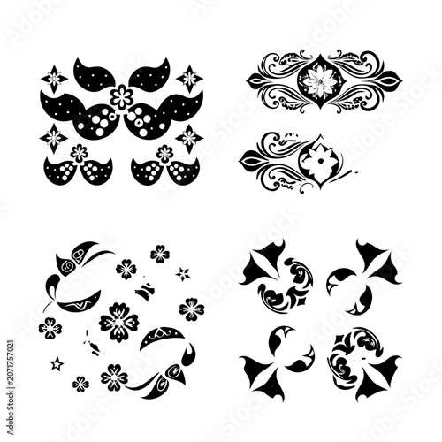 Black and white decorative floral and bird patterns - Elegant black and white vector illustrations featuring floral motifs, birds, and symmetrical decorative patterns for artistic or craft projects.