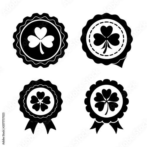 Four stylish shamrock badges with ribbons - Clean black and white vector shamrock badges in circular frames with decorative ribbons, perfect for awards or icons.