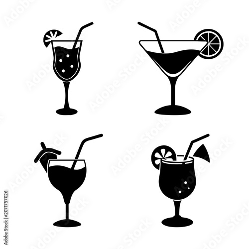 Four stylish cocktail glasses with drinks and umbrellas - Minimalist black and white vector icons of four different cocktail glasses filled with drinks, each topped with an umbrella.