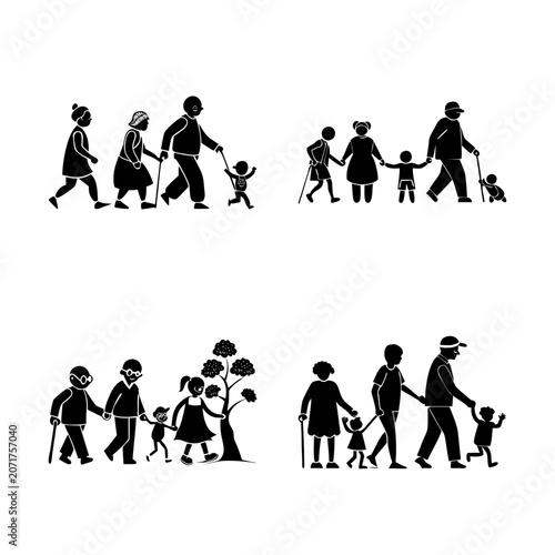 People walking and playing with balloons - Silhouette vector illustration of people walking, jogging, and playing with balloons in a casual group setting.