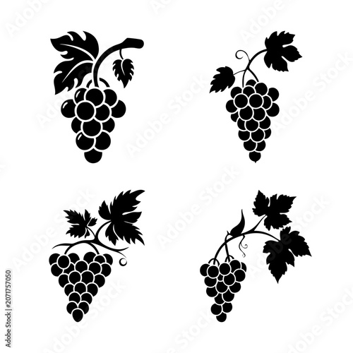 Black grape bunches with leaves illustration - Four stylish black grape clusters with leaves in a clean, minimalist vector design. Perfect for food, wine, or decorative projects.