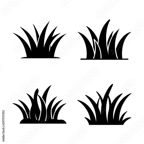 Four stylized black grass tufts illustration - Minimalist vector illustration of four black grass tufts with varied heights, clean lines, and a modern look for use in design projects.