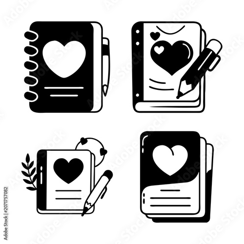 Flat icons of notebooks with hearts and pens - Four stylish flat icons showing notebooks with hearts, pens, and feathers in a clean black and white design.