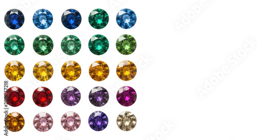 Facet-polished sapphire, emerald, ruby gemstones in grid on transparent background with copy space, soft light, razor-sharp. Concept of strategic organization.