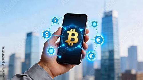 Hand holding smartphone with cryptocurrency symbol