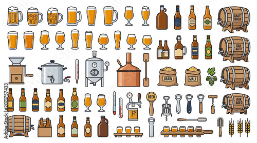 Schilderij op canvas Beer Making Process Icons and Elements Set