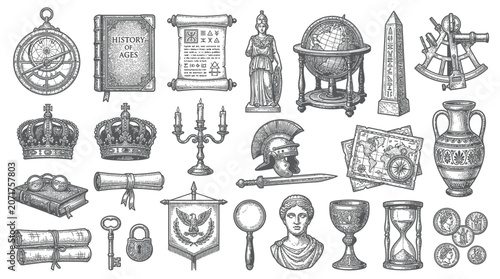 Photos Vintage History Objects Collection: Books, Globe, Crowns, Ancient Artifacts