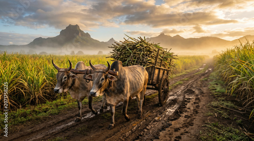 Oxen pull cart laden with sugarcane through misty fields at sunrise