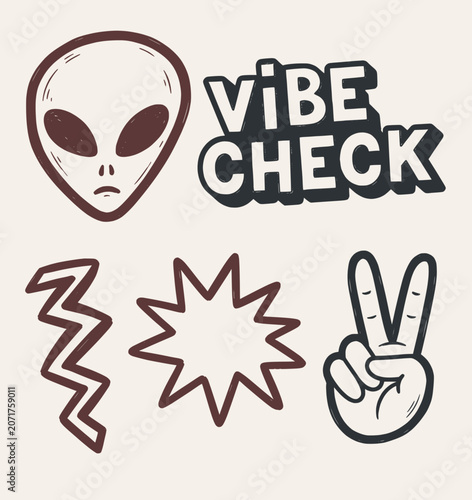 Hand-drawn alien head, Vibe Check text, peace sign hand, and doodle elements in a brown and grey palette