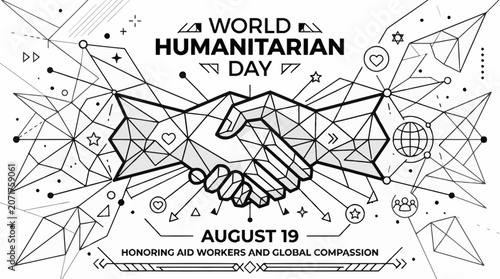 World Humanitarian Day handshake illustration with geometric wireframe style.