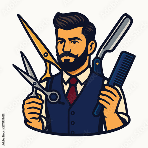 Stylish Barber Holding Barber Tools Vector Illustration
