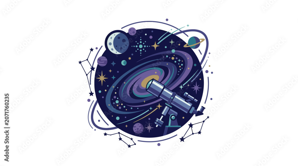 Fototapeta premium Telescope observing colorful galaxy and planets in stylized outer space flat vector illustration