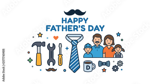 2d flat vector illustration of Father's Day elements including tie, tools, mustache and family icons in minimalist style, Happy Father's Day