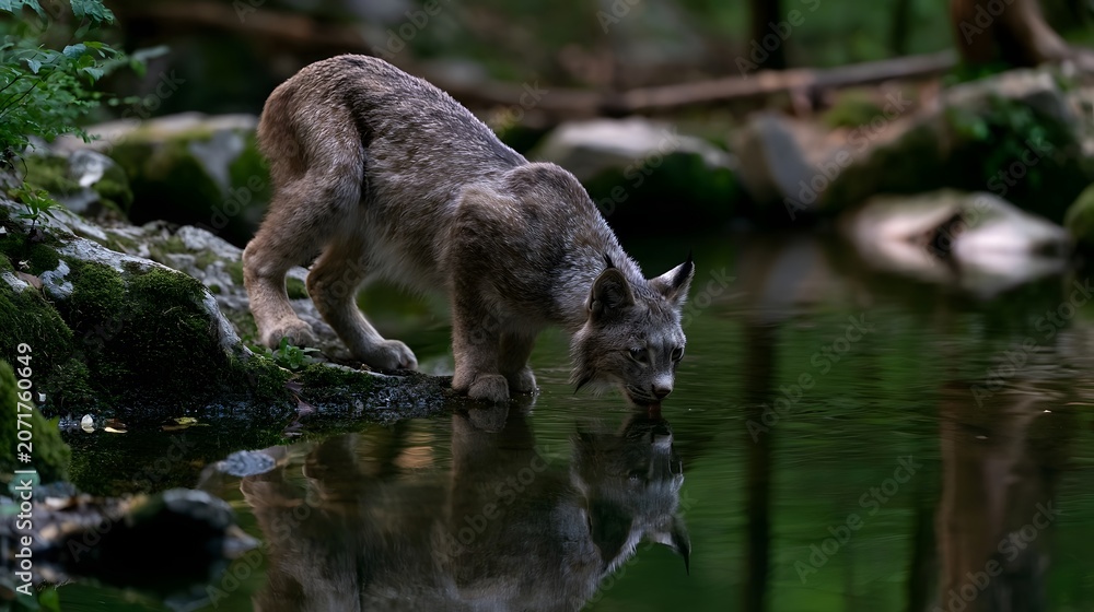 Obraz premium An elusive lynx drinks peacefully from a serene stream set against a beautiful tranquil natural backdrop
