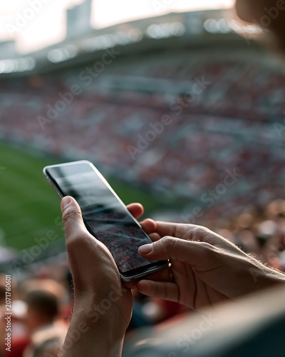 Football supporter browsing match schedule and live results on smartphone during stadium event, modern fan engagement and digital sports experience