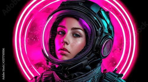 Futuristic Astronaut Portrait Neon Lights Pink Teal