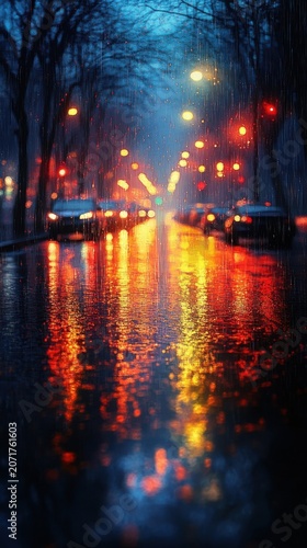 Rainy City Street At Night With Bokeh Street Lights And Glowing Reflections On Wet Asphalt Surface