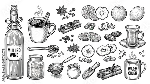Quadro su tela Mulled Wine and Warm Cider Ingredients - Hand Drawn Sketch