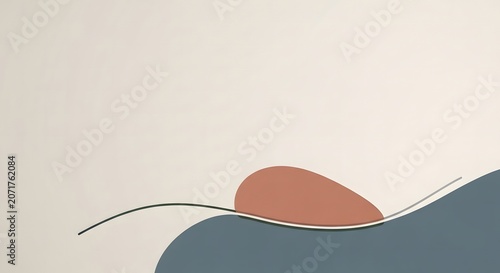 Abstract composition with blue, brown and beige shapes and lines on colored background