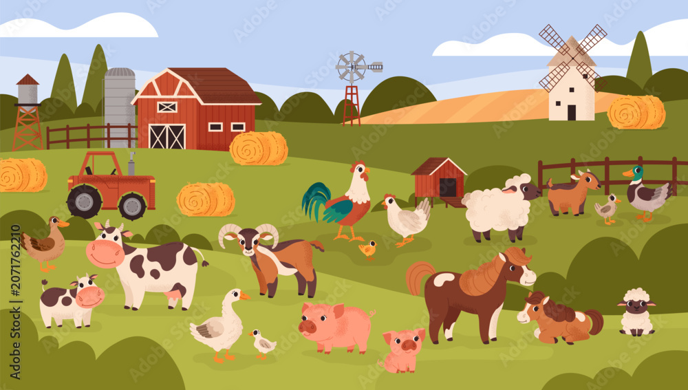 Naklejka premium Farm animal banner. Landscape. Cute cartoon pets. Various animals and farm equipment. Cow, horse, pig, sheep, goose. Barn, tractor, mill, and hay. Vector illustration.