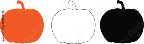 Set of simple pumpkin vector illustration featuring flat orange silhouettes and outlined line art designs isolated on transparent background for creative seasonal projects.