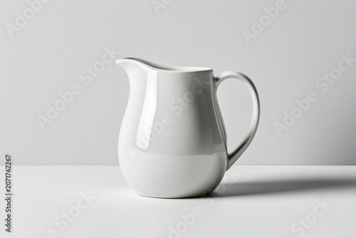 White ceramic pitcher with curved handle and smooth glossy surface on white background, clean minimal kitchenware still life