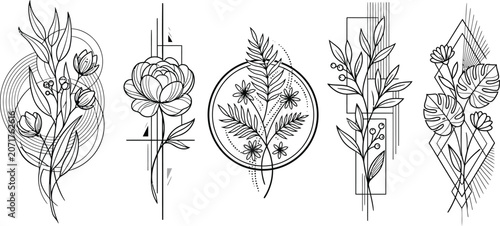Botanical line art collection with floral arrangements and geometric shapes on a white background