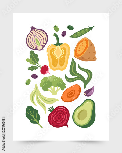 Vector flat illustration, poster of fresh healthy vegetables and greens on white background.