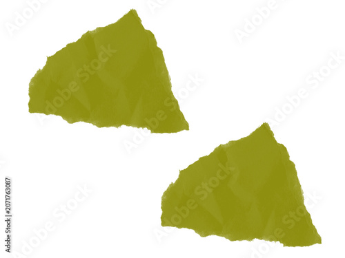  Two Crumpled Chartreuse Paper Pieces on White Background