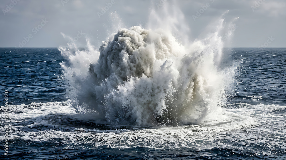 Obraz premium A massive wave crashes powerfully on the ocean surface creating a large spray