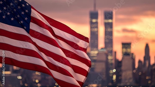 American flag waving before iconic twin towers at golden sunset bokeh light