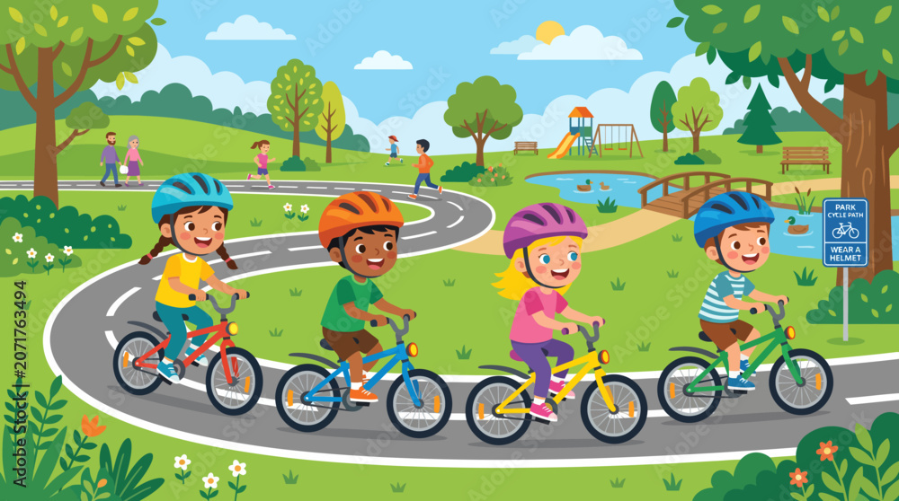 Fototapeta premium A diverse group of cheerful children enjoying a fun bicycle ride together on a winding path through a vibrant green park on a sunny day