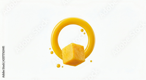 Distant shot of a mango cube with a clean circular loop juice stream behind it