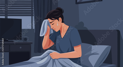 Woman Experiencing Night Sweats and Distress, Seeking Comfort Inside Bedroom