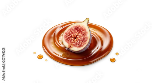 Distant shot of a sliced fig on a thick textured amber honey smear