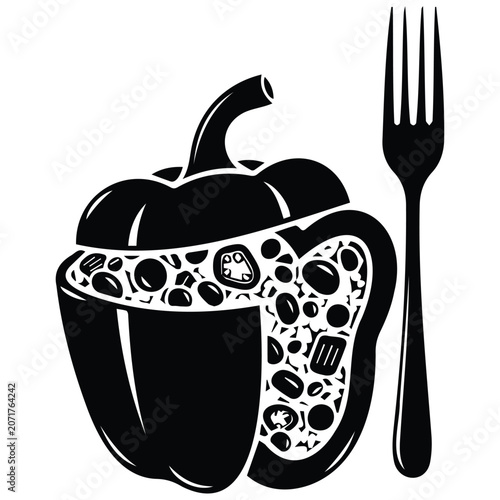 Stuffed bell pepper and fork vector silhouette, illustration for restaurant menu.