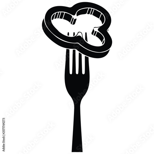 Stuffed bell pepper half with fork silhouette, vector illustration for menu or recipe.